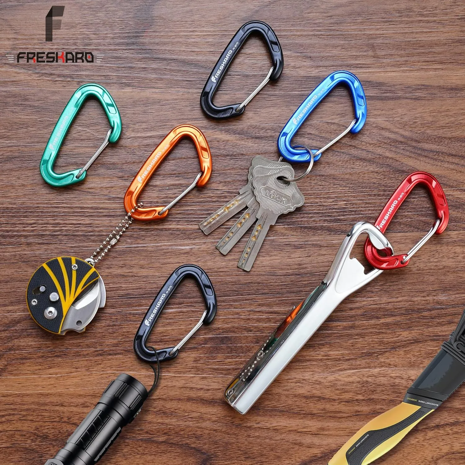 FresKaro 5pcs Nano Carabiner Clips, 8kN 1798lbs, Small Sturdy, Reliable Time-Tested Strong Spring Wiregate, Mini Size 2.37inch, Choice of 5colors