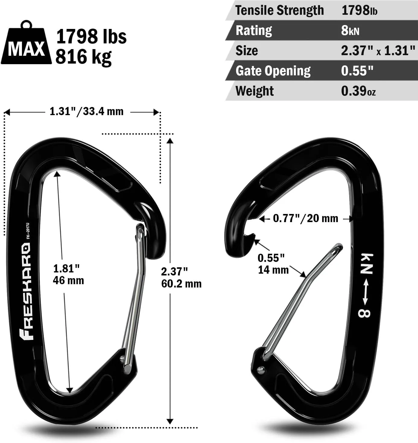 FresKaro 5pcs Nano Carabiner Clips, 8kN 1798lbs, Small Sturdy, Reliable Time-Tested Strong Spring Wiregate, Mini Size 2.37inch, Choice of 5colors