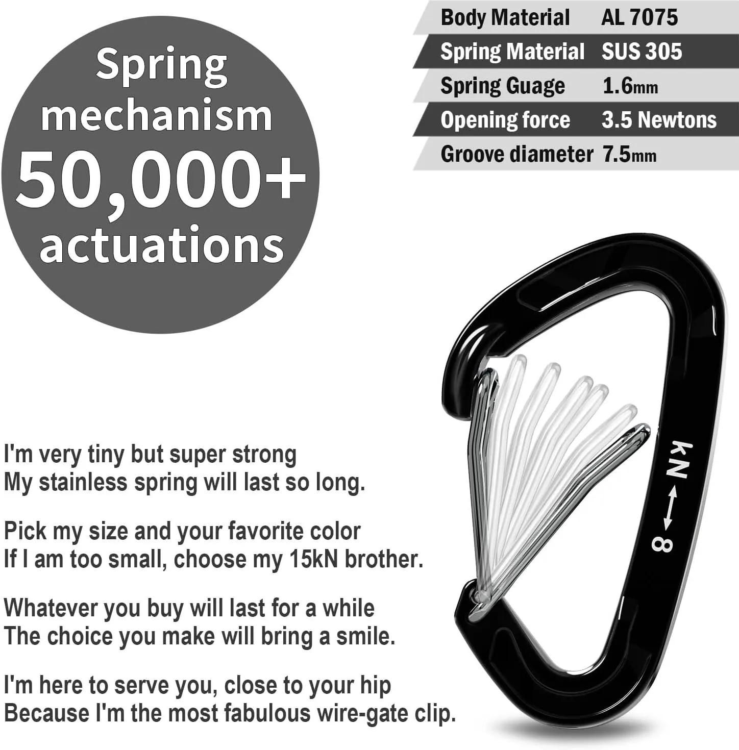 FresKaro 5pcs Nano Carabiner Clips, 8kN 1798lbs, Small Sturdy, Reliable Time-Tested Strong Spring Wiregate, Mini Size 2.37inch, Choice of 5colors