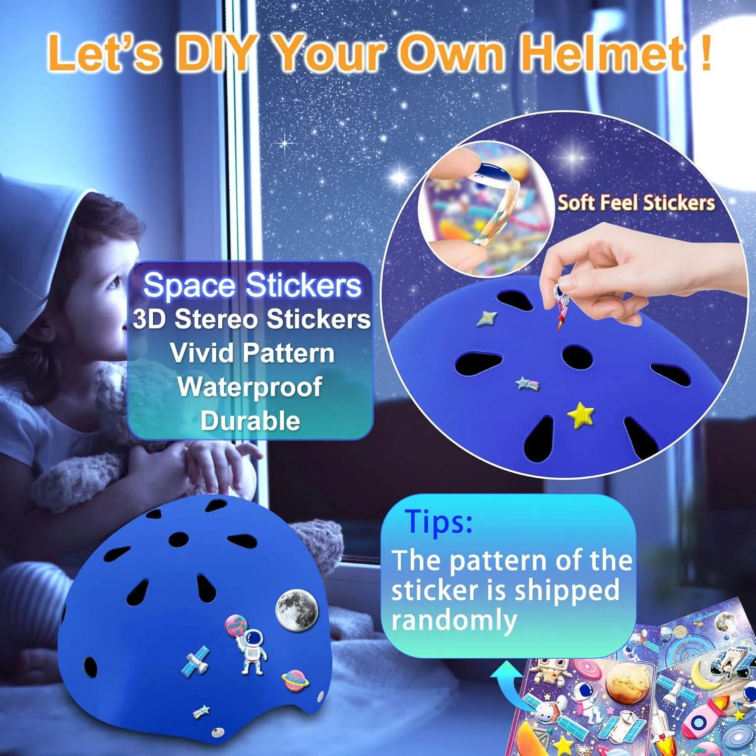 Kids Bike Helmet with DIY Stickers and Knee Pads Elbow Pads Wrist Guard Set for Ages 3-5-8 Toddler Boys Girls Helmet for Roller Skates Cycling Skateboarding Bicycle Scooter