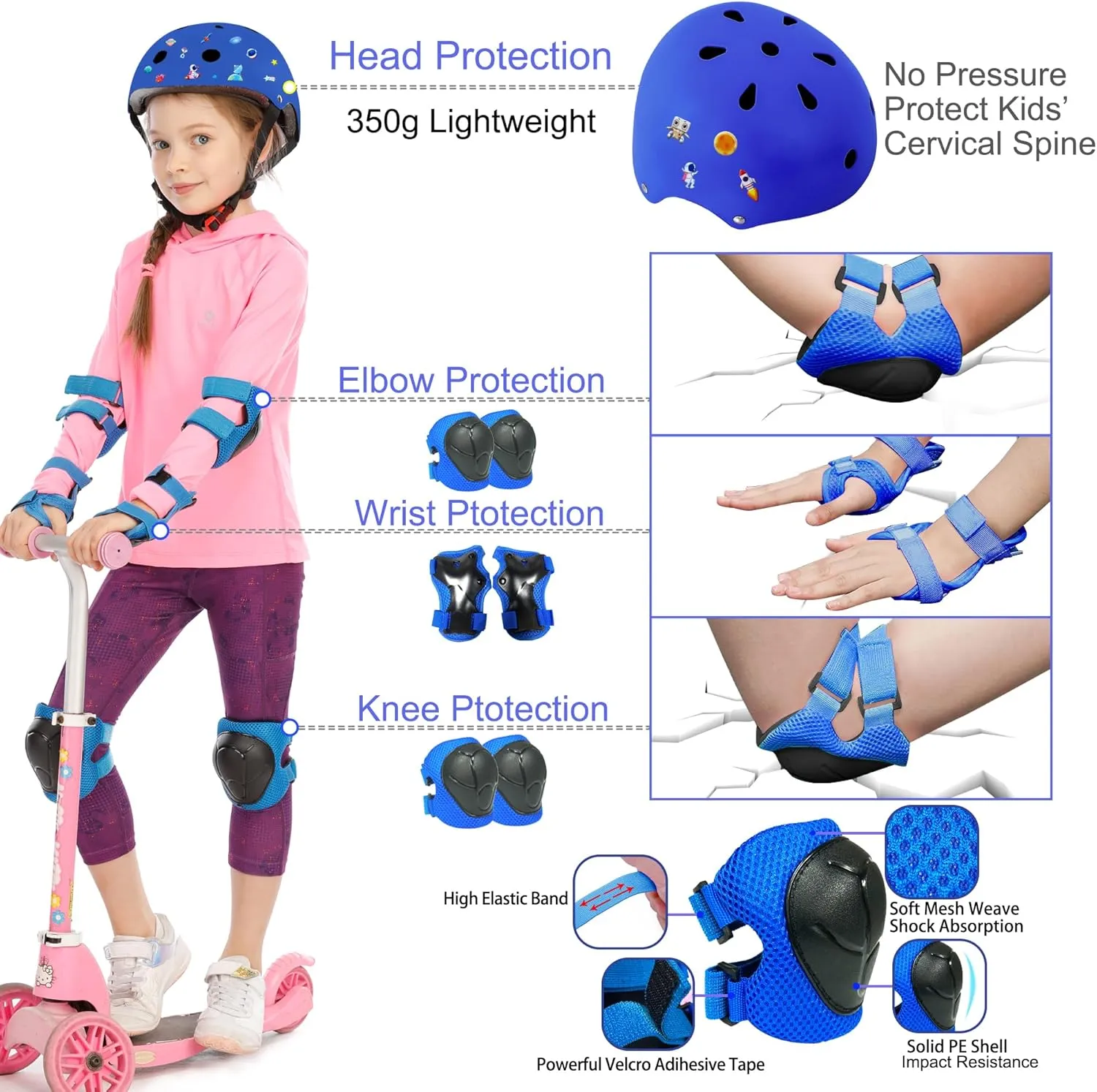 Kids Bike Helmet with DIY Stickers and Knee Pads Elbow Pads Wrist Guard Set for Ages 3-5-8 Toddler Boys Girls Helmet for Roller Skates Cycling Skateboarding Bicycle Scooter