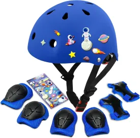 Kids Bike Helmet with DIY Stickers and Knee Pads Elbow Pads Wrist Guard Set for Ages 3-5-8 Toddler Boys Girls Helmet for Roller Skates Cycling Skateboarding Bicycle Scooter
