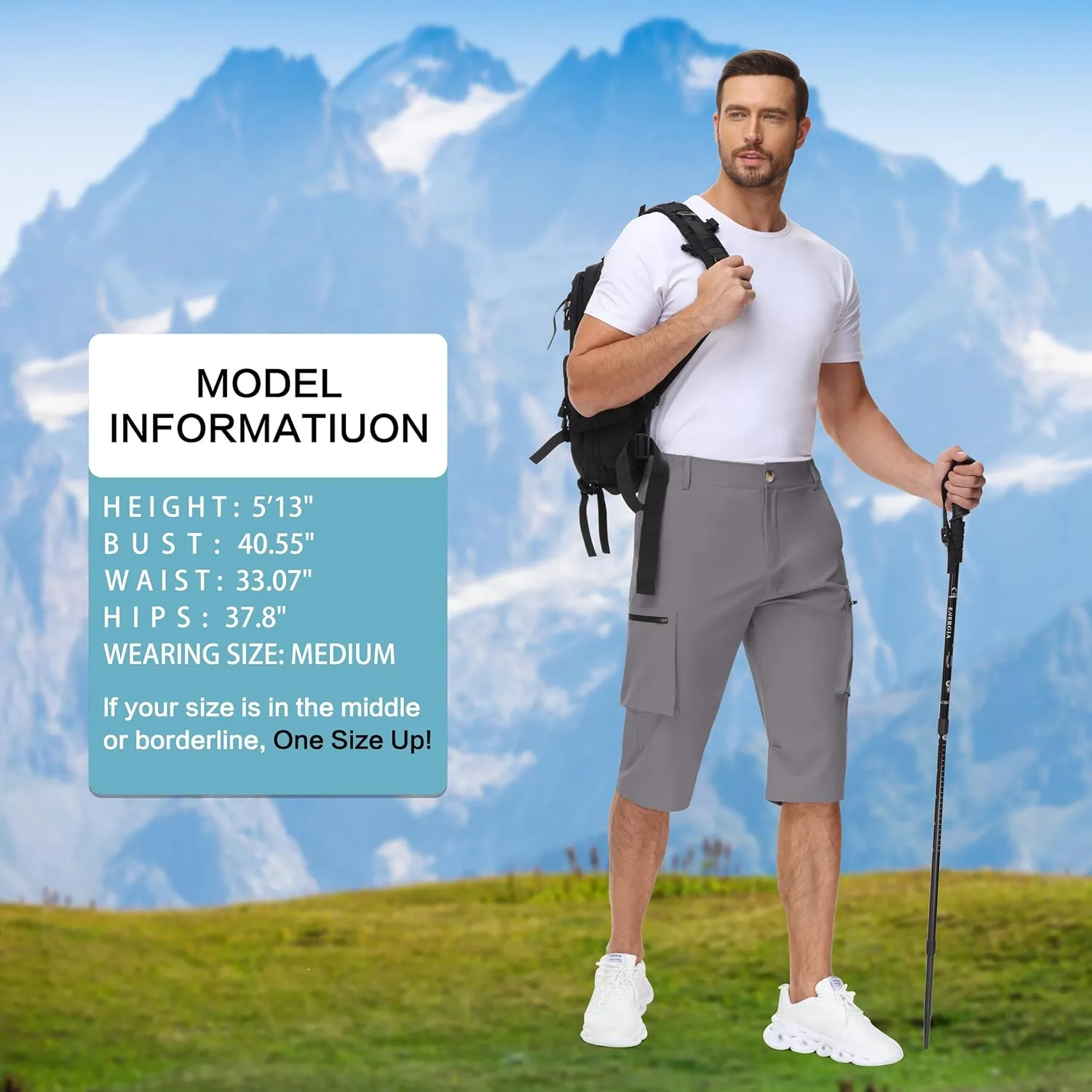Men's 15" Long Shorts Below Knee Capri Hiking Casual Cargo Short Zippers Pockets Quick Dry Lightweight Water Resistant