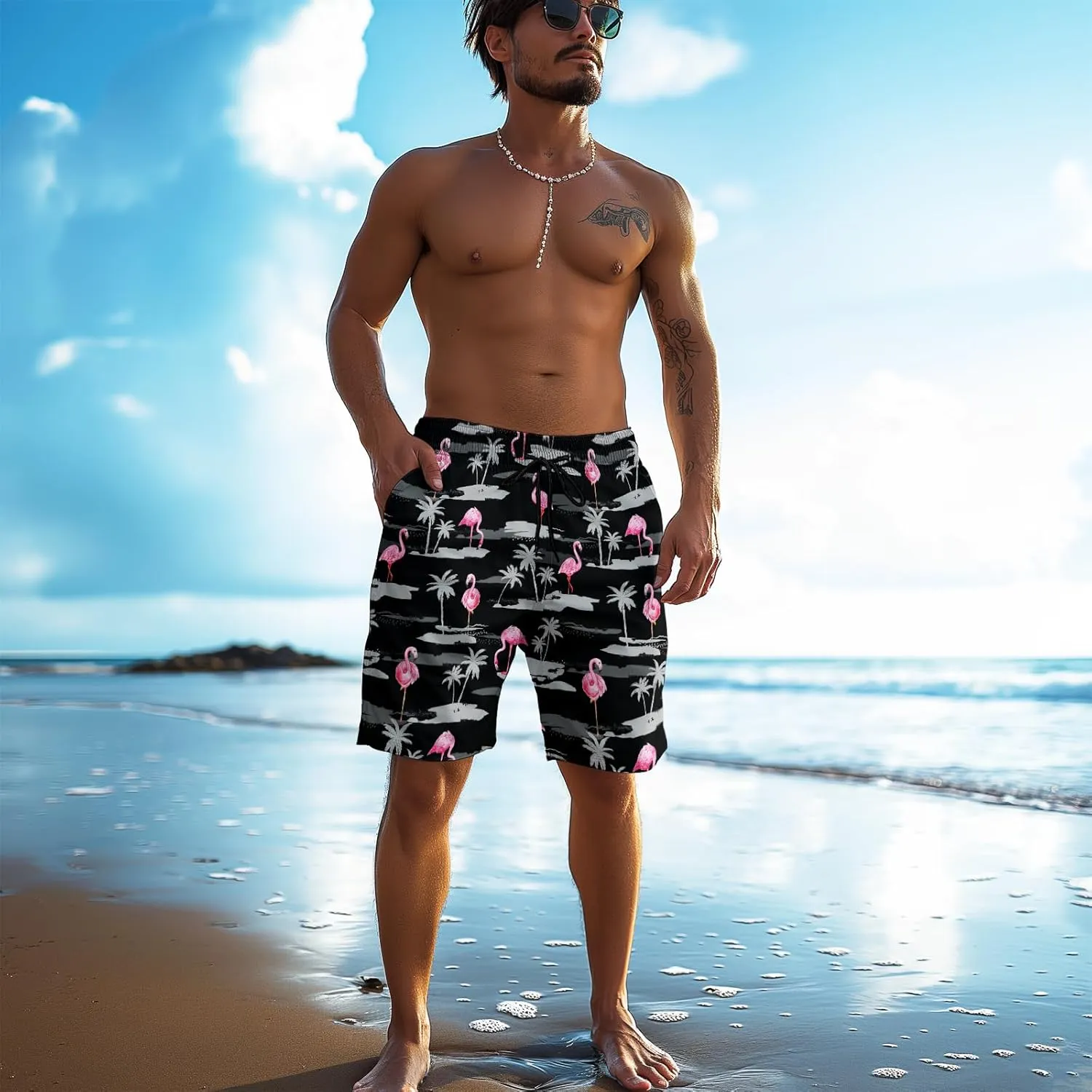 Men's Funny Cat Riding Unicorn with Gun Swim Trunks Boardshort Beach Shorts