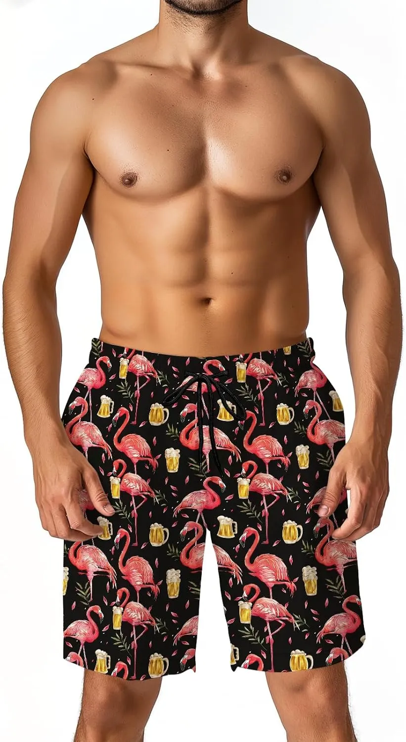 Men's Funny Cat Riding Unicorn with Gun Swim Trunks Boardshort Beach Shorts