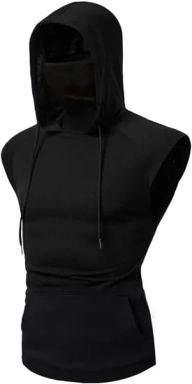 Men's Sleeveless Hoodie Shirts with Face Mask Athletic Workout Hooded Tank Tops Gym Muscle Cut Off T Shirt Vest Pocket