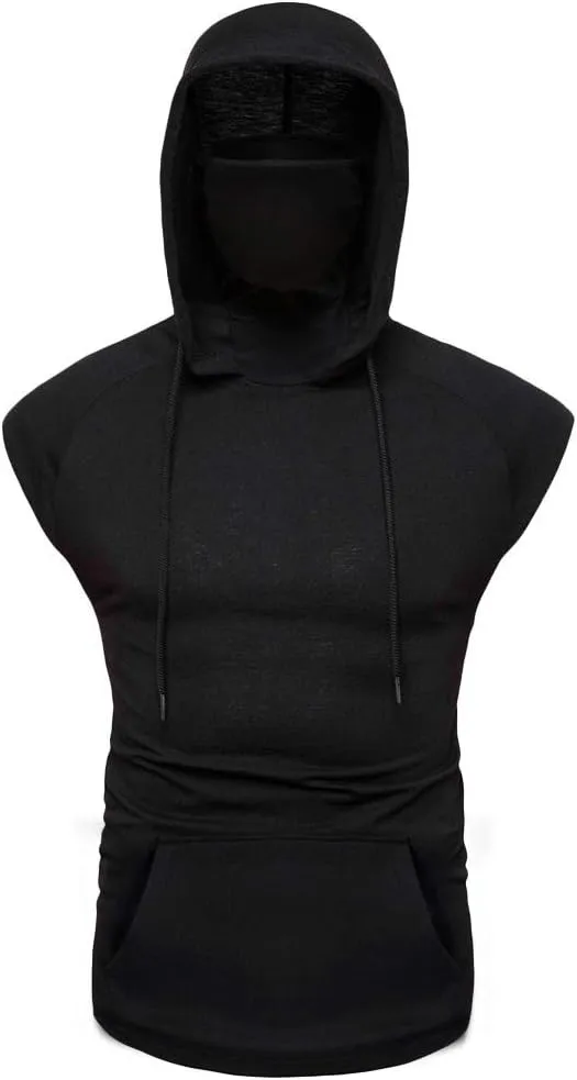 Men's Sleeveless Hoodie Shirts with Face Mask Athletic Workout Hooded Tank Tops Gym Muscle Cut Off T Shirt Vest Pocket