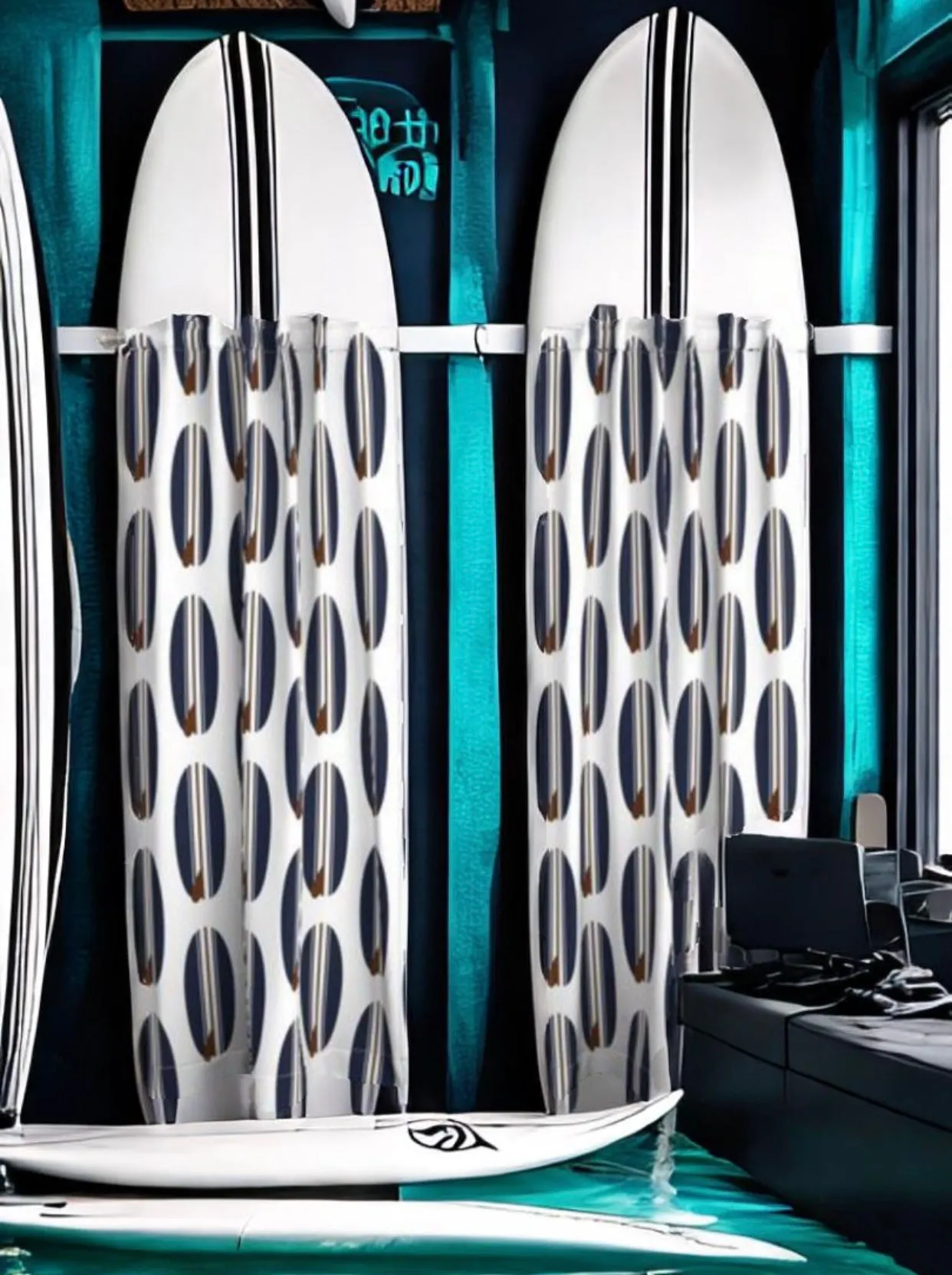 Navy Blue and Chocolate Brown Classic Surfboards Window Curtains -Biggie Size