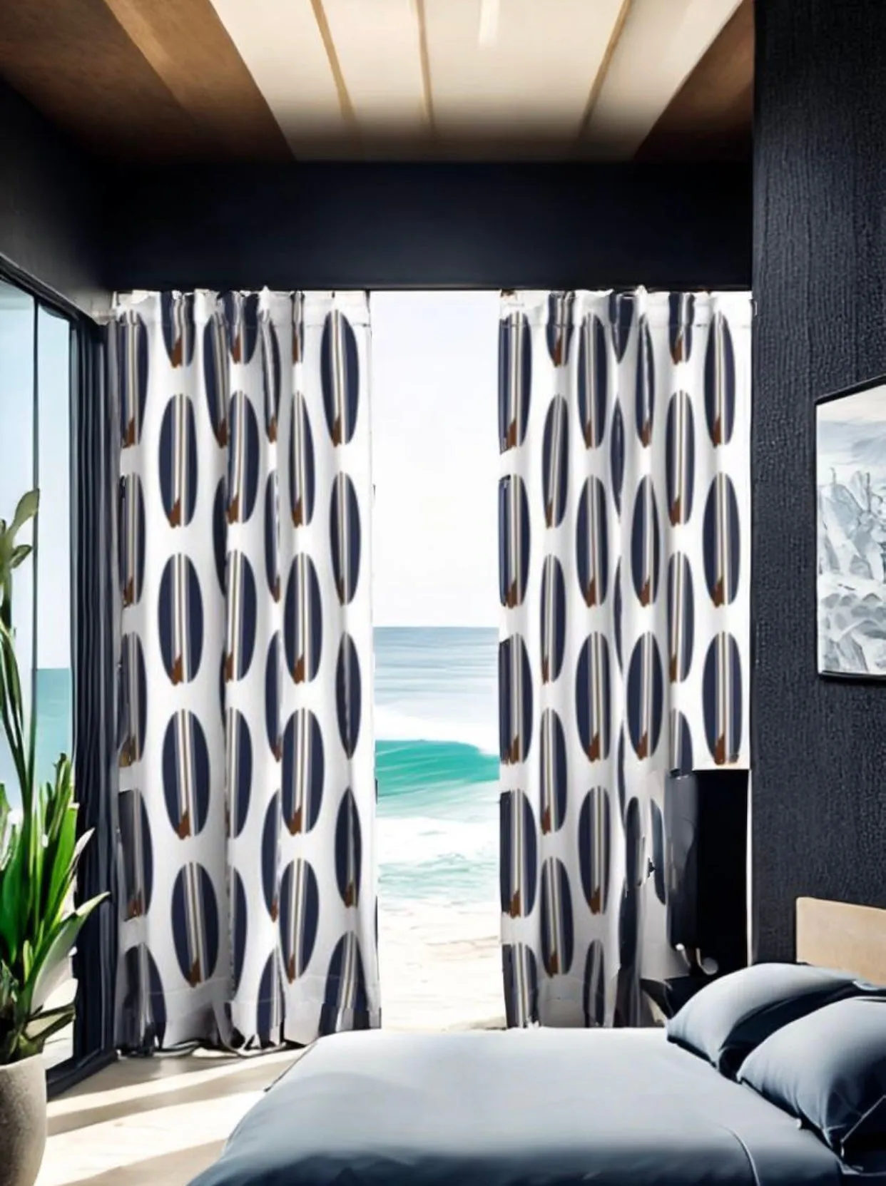 Navy Blue and Chocolate Brown Classic Surfboards Window Curtains -Biggie Size