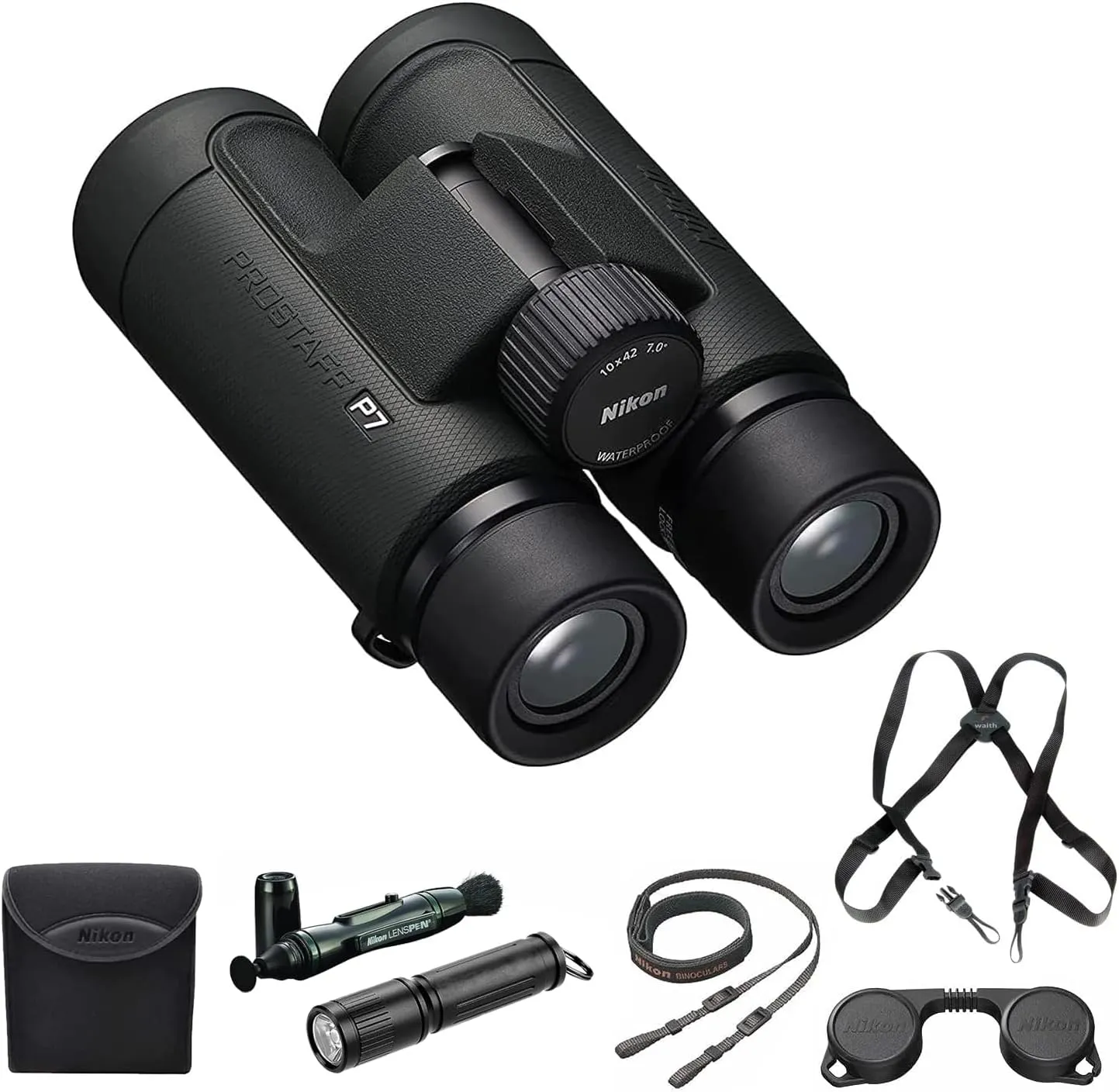 Nikon PROSTAFF P7 10x42 Waterproof Binocular for Adults | Small & Compact Travel Binoculars for Bird Watching | Binocular Harness Strap, Lens Pen Cleaning System, & Flashlight Bundle Set