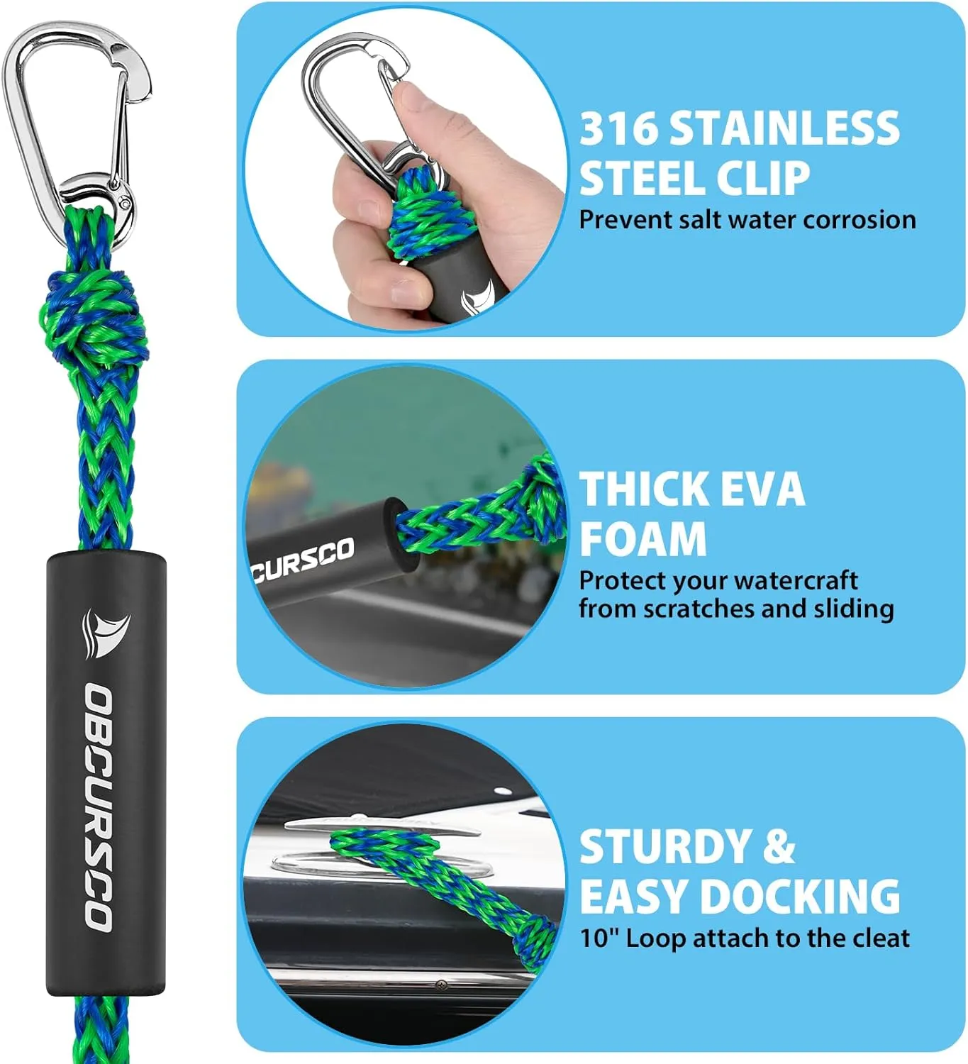 Obcursco Bungee Dock Lines for Boat, Docking Rope with 316 Stainless Steel Clips, Accessories for Jet Ski, PWC, SeaDoo, Yamaha WaveRunner, Marine, Kayak, Pontoon, Sets of Two(4ft & 6ft) (Green/Blue)