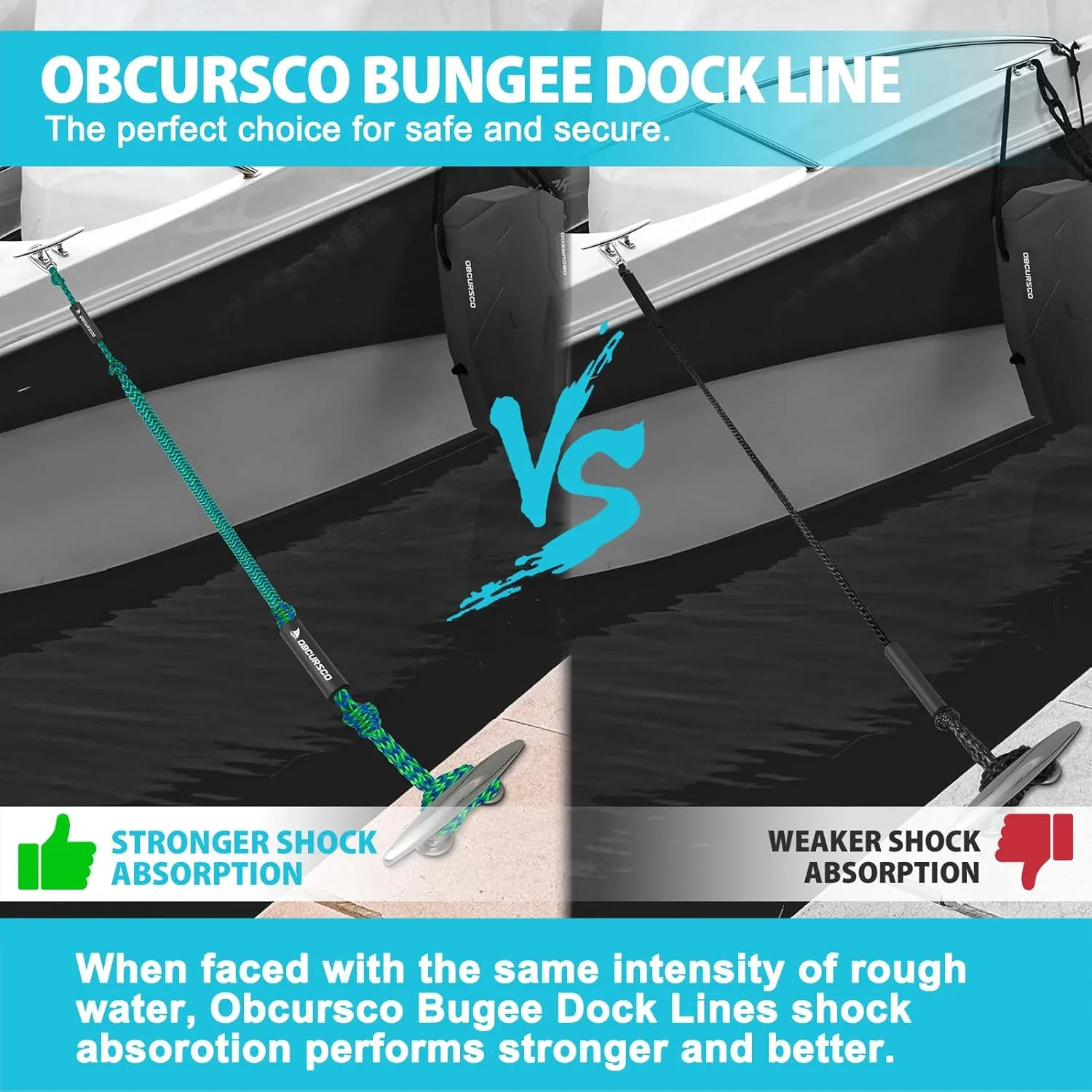 Obcursco Bungee Dock Lines for Boat, Docking Rope with 316 Stainless Steel Clips, Accessories for Jet Ski, PWC, SeaDoo, Yamaha WaveRunner, Marine, Kayak, Pontoon, Sets of Two(4ft & 6ft) (Green/Blue)