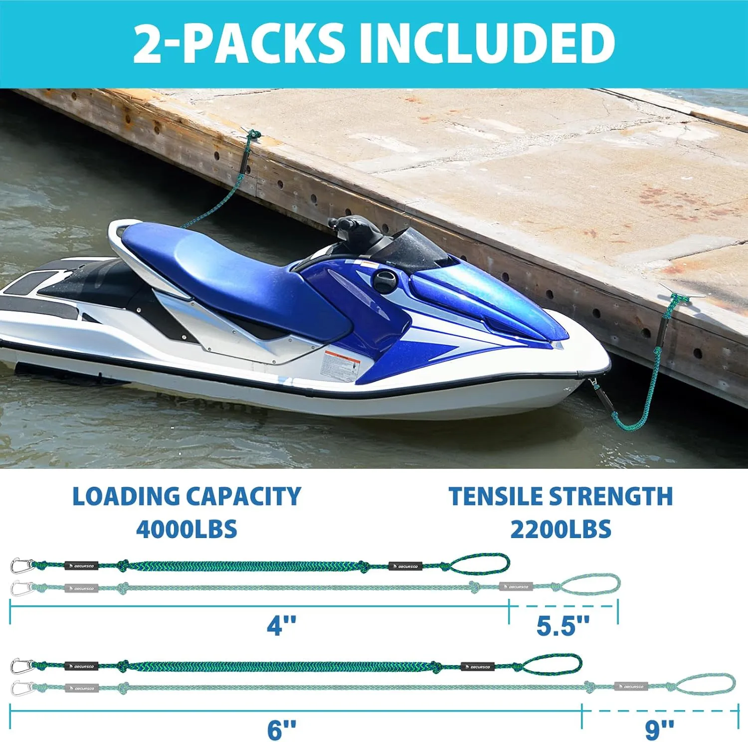 Obcursco Bungee Dock Lines for Boat, Docking Rope with 316 Stainless Steel Clips, Accessories for Jet Ski, PWC, SeaDoo, Yamaha WaveRunner, Marine, Kayak, Pontoon, Sets of Two(4ft & 6ft) (Green/Blue)