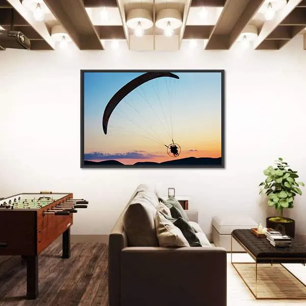 Paragliding Over The Hills At Sunset Canvas Wall Art