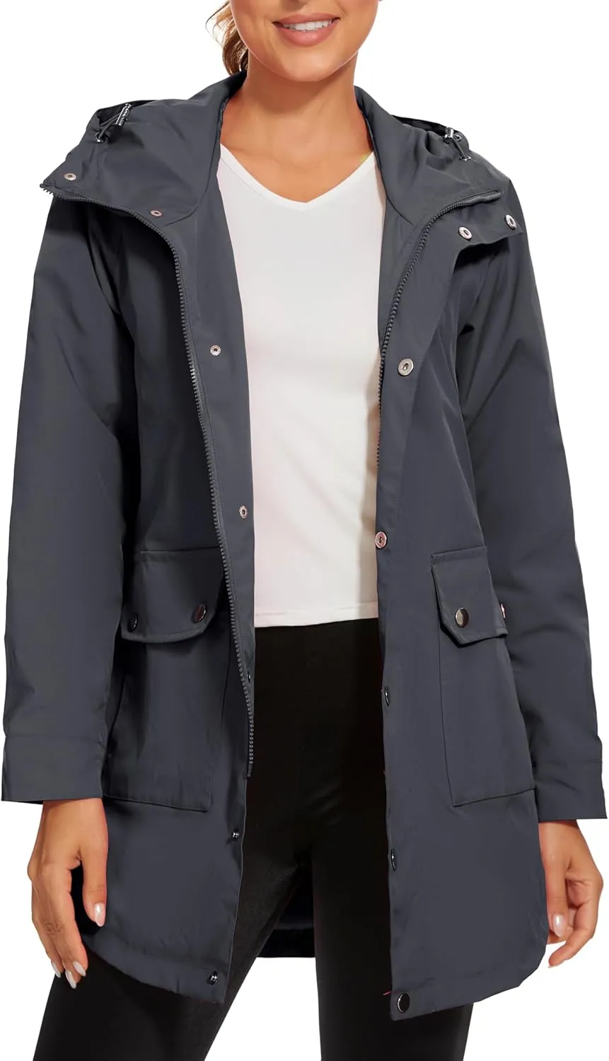 PESION Womens Waterproof Raincoat Lightweight Rain Jacket Trench Coat Hooded Windbreaker With Pockets for Outdoor
