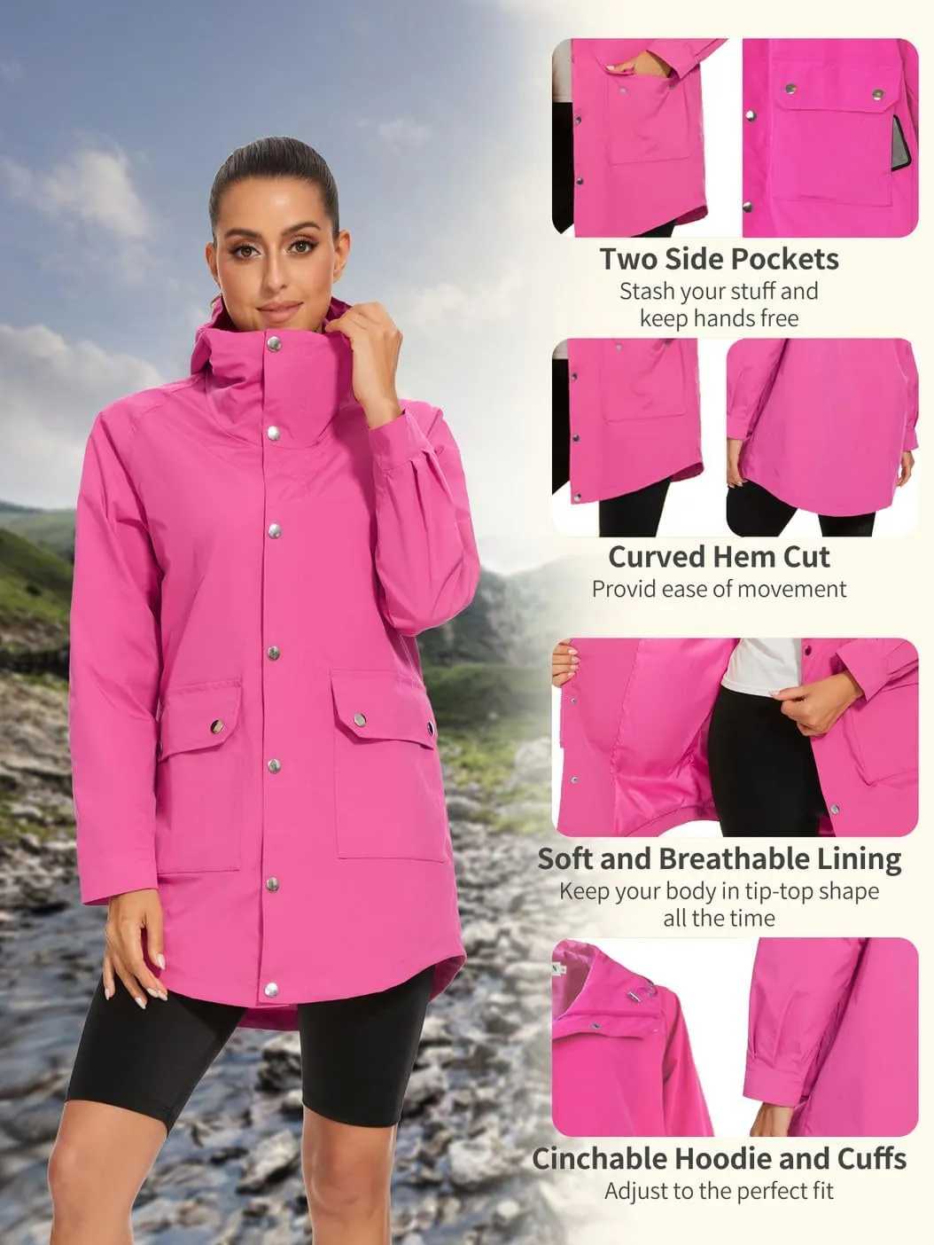 PESION Womens Waterproof Raincoat Lightweight Rain Jacket Trench Coat Hooded Windbreaker With Pockets for Outdoor