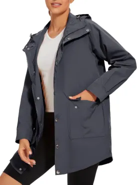 PESION Womens Waterproof Raincoat Lightweight Rain Jacket Trench Coat Hooded Windbreaker With Pockets for Outdoor