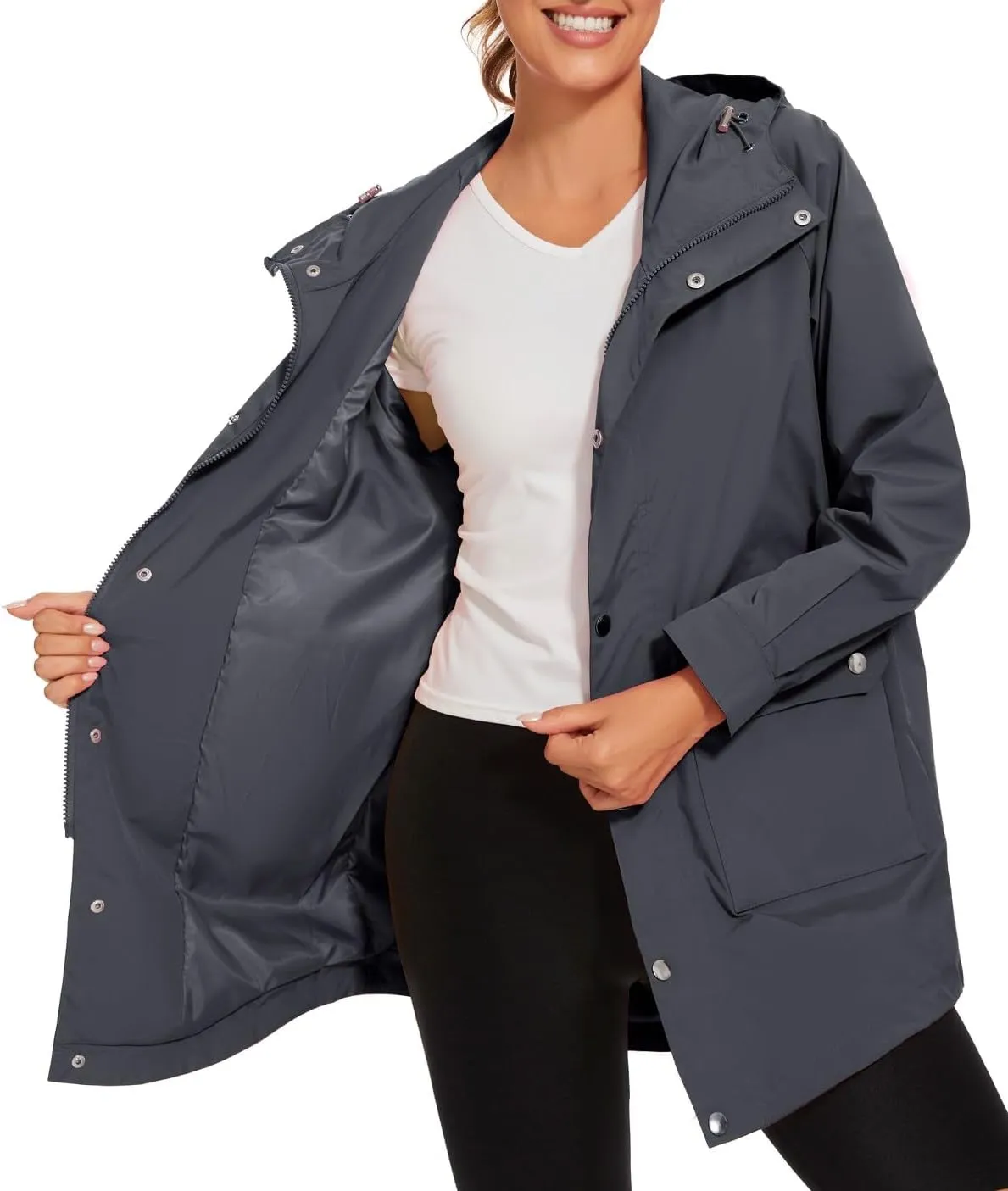 PESION Womens Waterproof Raincoat Lightweight Rain Jacket Trench Coat Hooded Windbreaker With Pockets for Outdoor