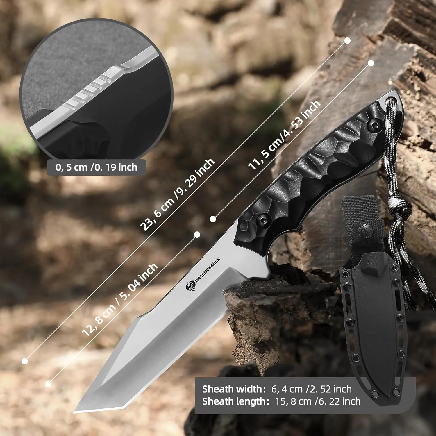 Tanto Fixed Blade Knife with Sheath, 5.04" Blade in 5Cr14moV Steel, Tactical Knife for Men, Survival Knife with G10 Handle,Full Tang Design (F- Black- Sliver)