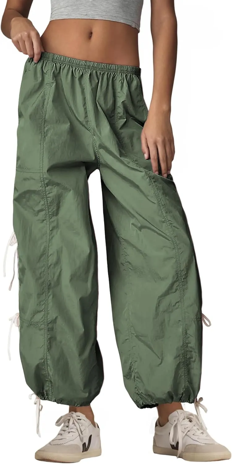 Zhiyouni Parachute Pants for Women Elastic High Waist Full Twist Hiking Cargo Pants Trousers