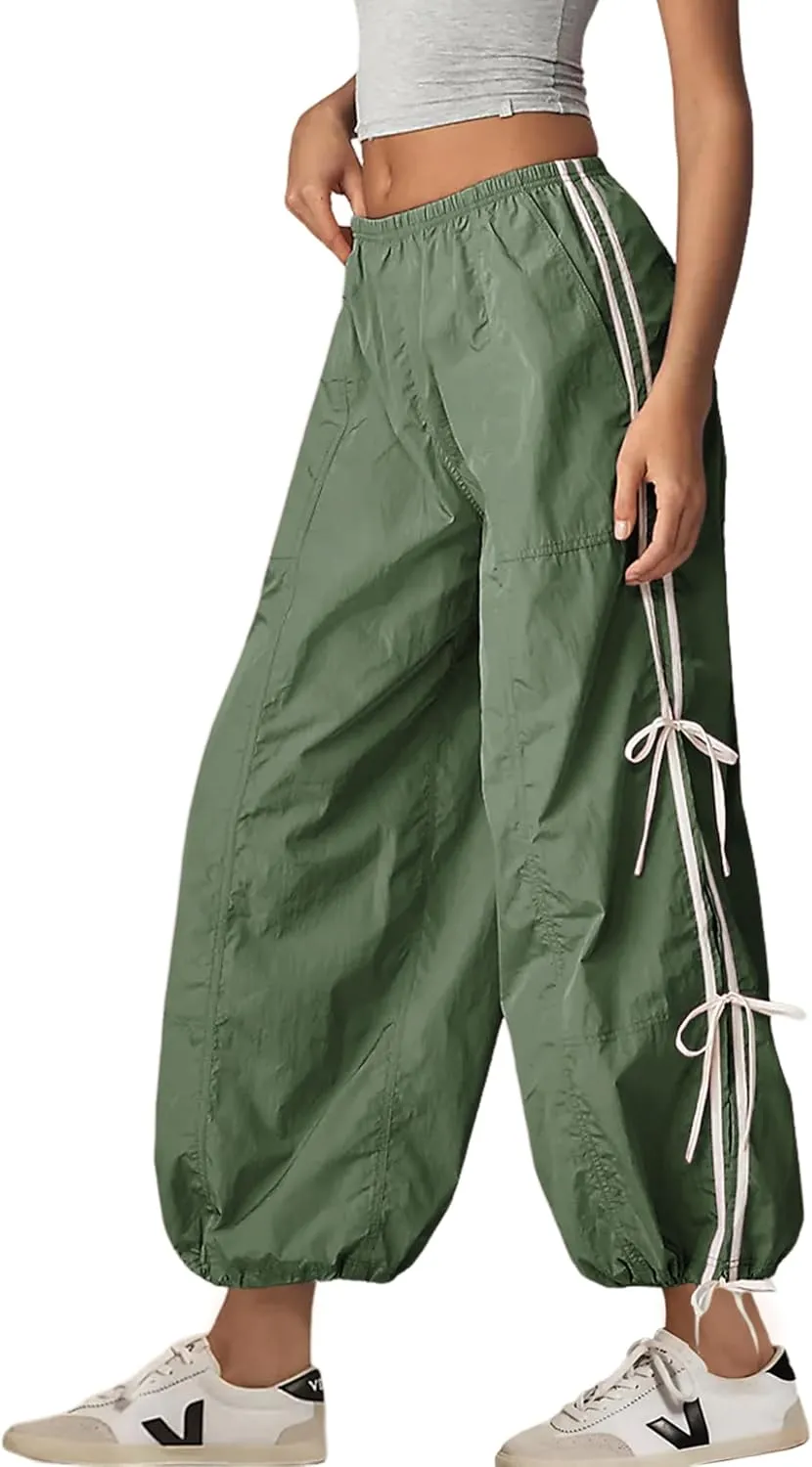 Zhiyouni Parachute Pants for Women Elastic High Waist Full Twist Hiking Cargo Pants Trousers