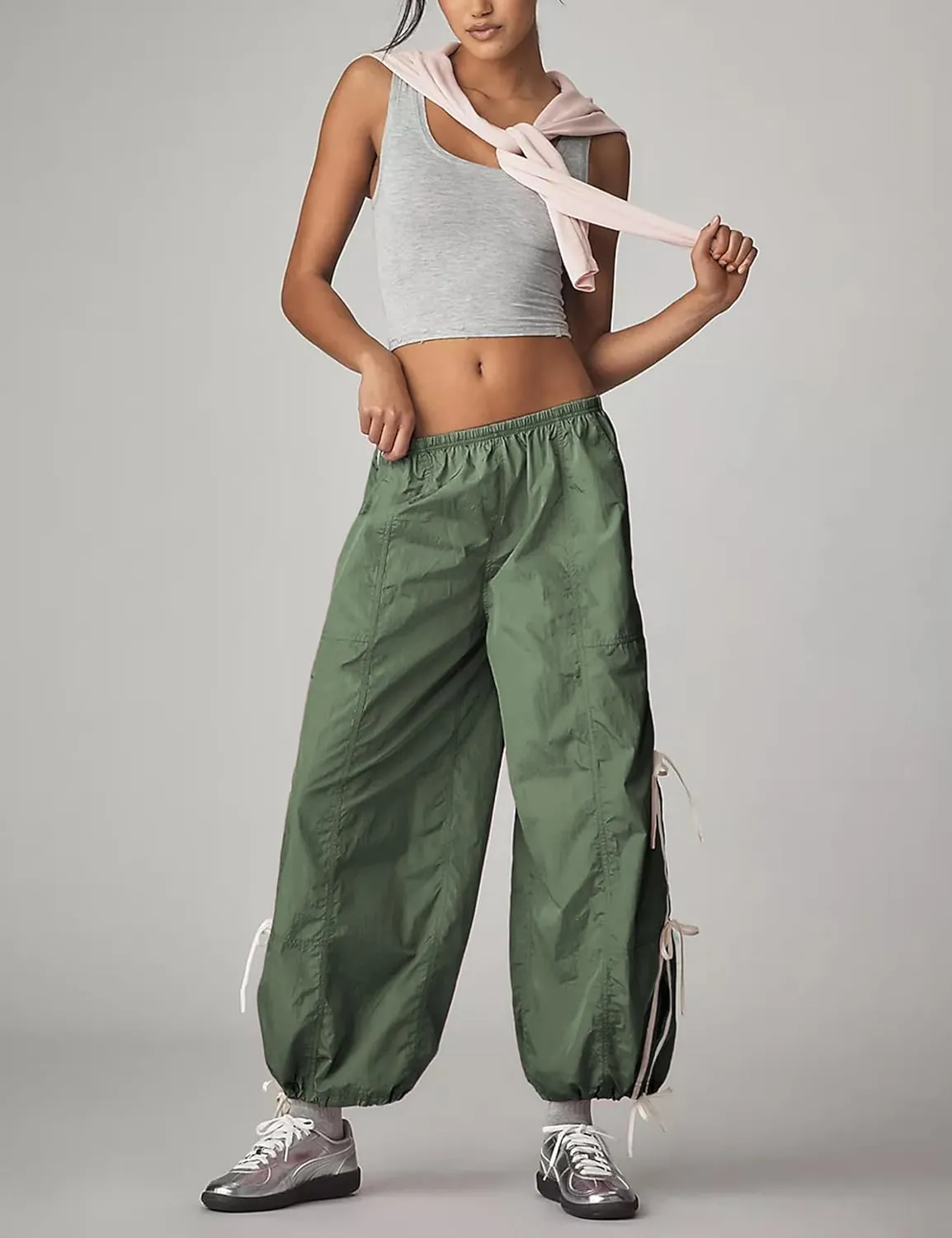 Zhiyouni Parachute Pants for Women Elastic High Waist Full Twist Hiking Cargo Pants Trousers