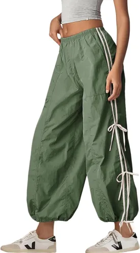 Zhiyouni Parachute Pants for Women Elastic High Waist Full Twist Hiking Cargo Pants Trousers